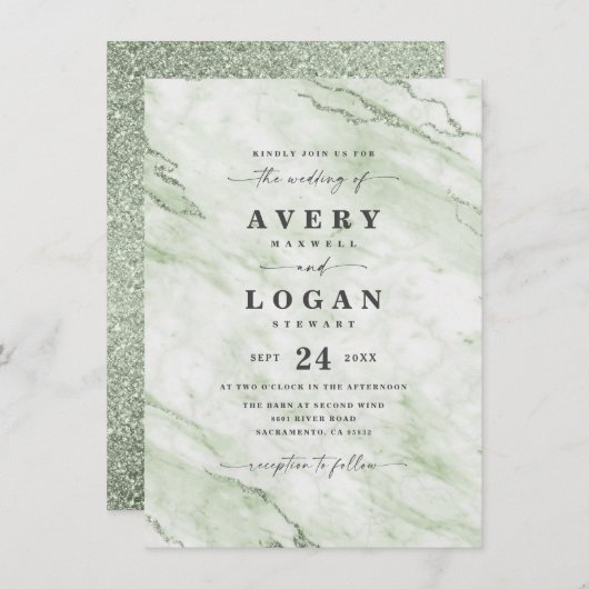 Elegant Olive Green Marble & Glitter Wedding Kaart (Voorkant / Achterkant)