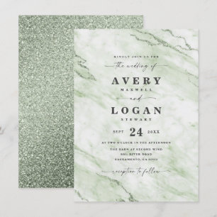 Elegant Olive Green Marble & Glitter Wedding Kaart