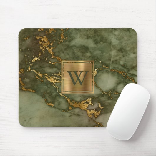 Elegant Olive Green Marble Gold Monogram Muismat (Met muis)