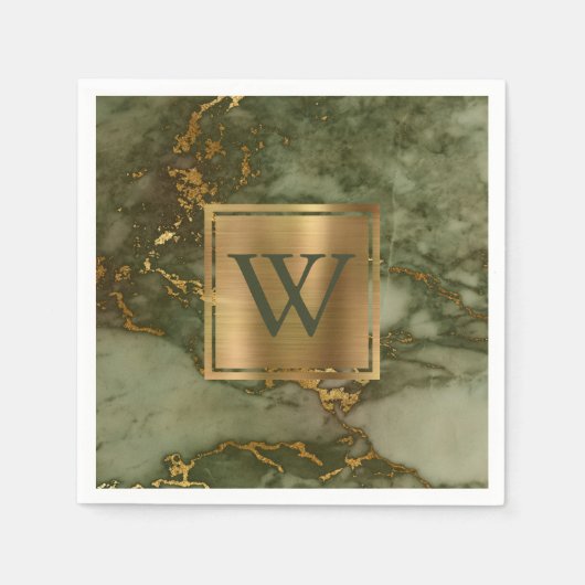 Elegant Olive Green Marble Gold Monogram Servet (Voorkant)