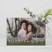 Elegant Olive Green Merry Kerstmis Foto Feestdagenkaart (Staand voorkant)