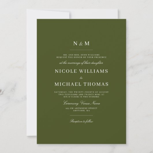 Elegant Olive Green Monogram Classic Wedding Kaart (Voorkant)