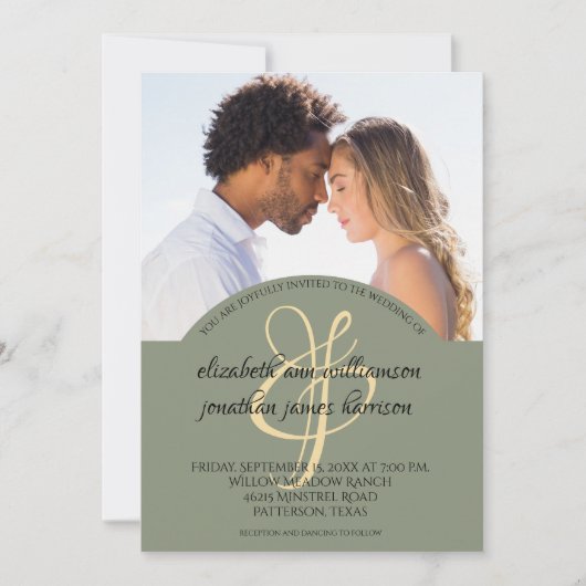 Elegant Olive Green Script 2 Photo Wedding Kaart (Voorkant)