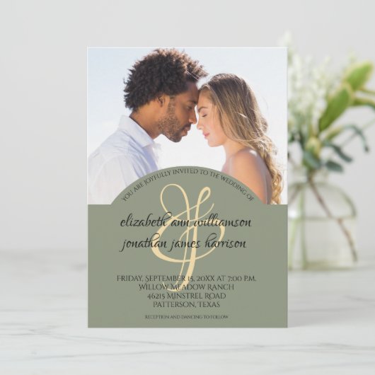 Elegant Olive Green Script 2 Photo Wedding Kaart (Staand voorkant)