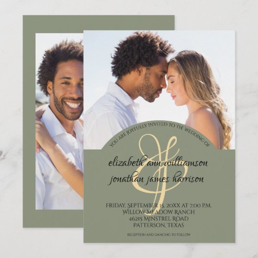Elegant Olive Green Script 2 Photo Wedding Kaart (Voorkant / Achterkant)