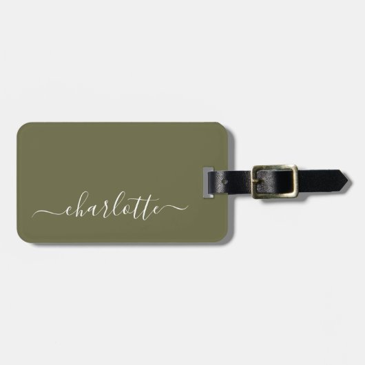 Elegant Olive Green Script Name Persoonlijk Bagagelabel (Voorkant horizontaal)