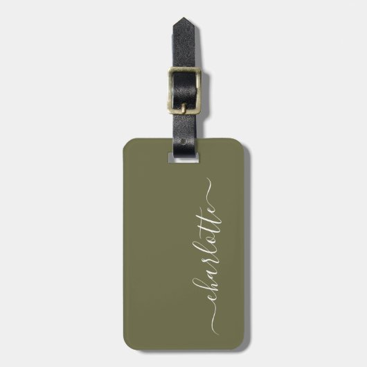 Elegant Olive Green Script Name Persoonlijk Bagagelabel (Voorkant verticaal)