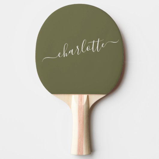 Elegant Olive Green Script Name Persoonlijk Tafeltennisbatje (Voorkant)
