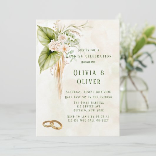Elegant Olive Green Tropical Florals Wedding Kaart (Staand voorkant)