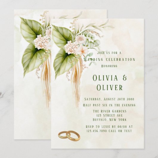 Elegant Olive Green Tropical Florals Wedding Kaart (Voorkant / Achterkant)