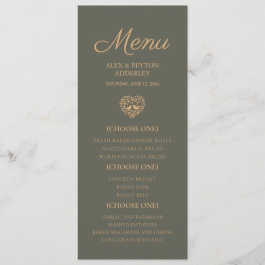 Elegant Olive Green Wedding Reception Tortelduifje Menu (Voorkant)