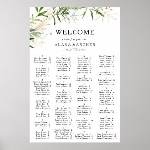 Elegant Olive Greenery Alfabetical Seat Chart Poster