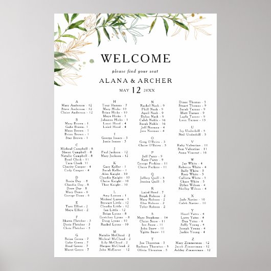 Elegant Olive Greenery Alfabetical Seat Chart Poster (Voorkant)