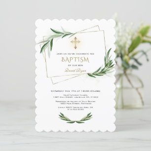 Elegant Olive Greenery Gold Cross Baptisme Kaart