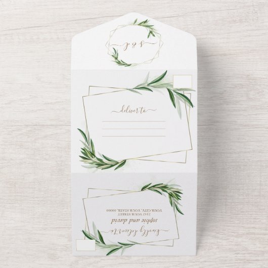 Elegant Olive Greenery Gold Wedding All In One Uitnodiging (Buitenkant)