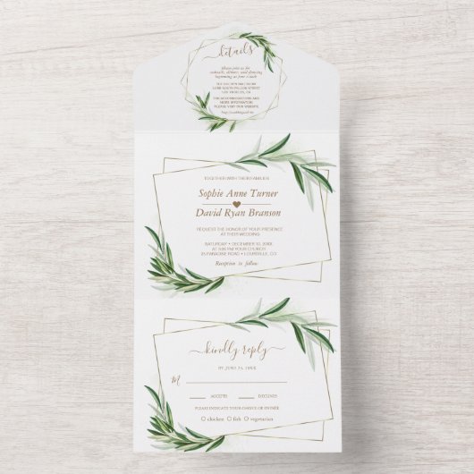 Elegant Olive Greenery Gold Wedding All In One Uitnodiging (Binnen)