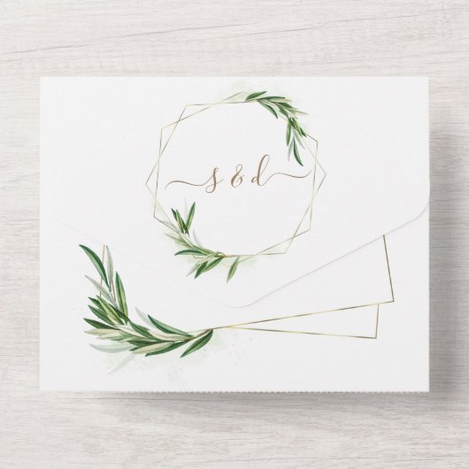 Elegant Olive Greenery Gold Wedding All In One Uitnodiging (Achterkant)