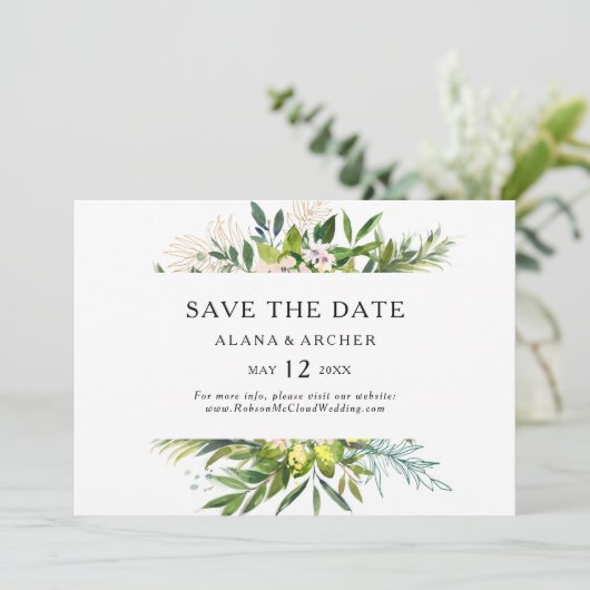 Elegant Olive Greenery Horizontal Save the Date (Staand voorkant)