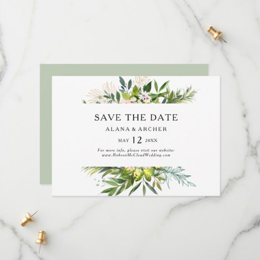 Elegant Olive Greenery Horizontal Save the Date (Voorkant / Achterkant in situ)