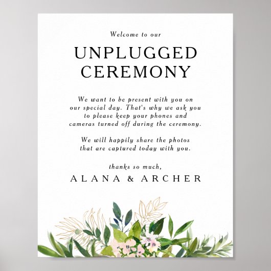 Elegant Olive Greenery Unplugged Ceremony Sign Poster (Voorkant)