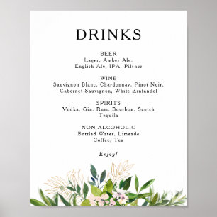 Elegant Olive Greenery Wedding Drinks Menu Sign Poster
