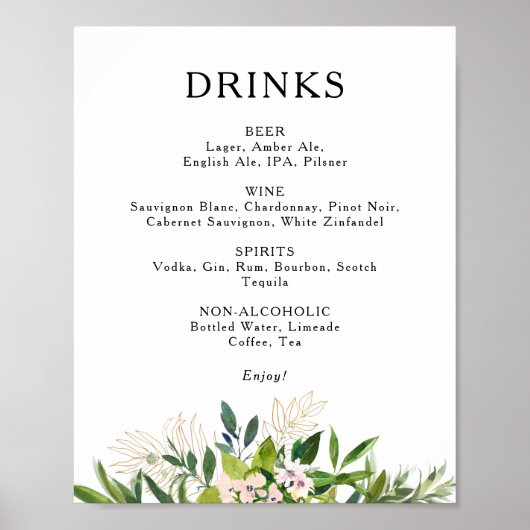 Elegant Olive Greenery Wedding Drinks Menu Sign Poster (Voorkant)