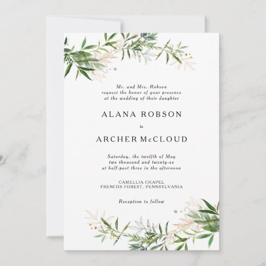 Elegant Olive Greenery Wedding Invitation Kaart (Voorkant)