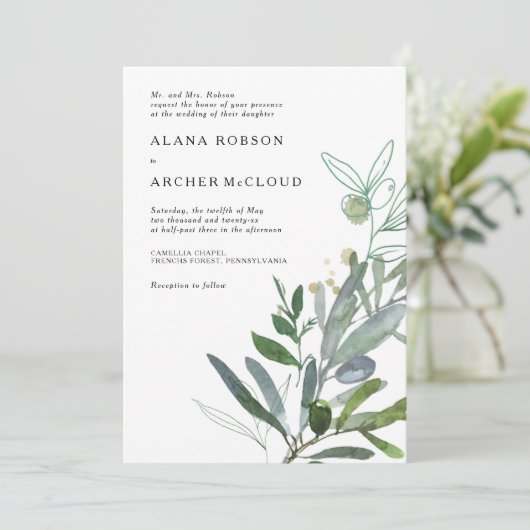 Elegant Olive Greenery Wedding Invitation Kaart (Staand voorkant)