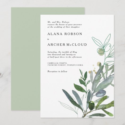 Elegant Olive Greenery Wedding Invitation Kaart (Voorkant / Achterkant)