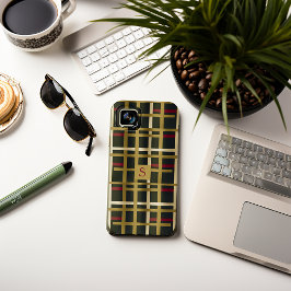 Elegant Olive Groen en Goud Klassiek Plaid iPhone 15 Mini Hoesje