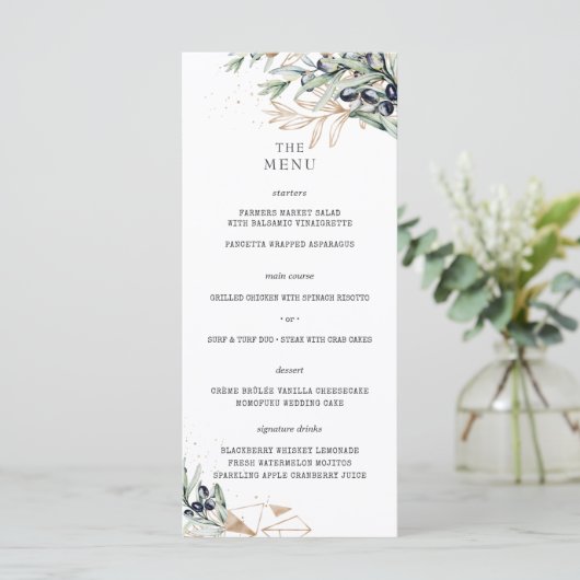 Elegant Olive Grove Groen Goud Bruiloft Menu (Staand voorkant)