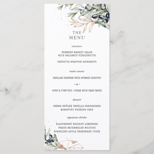 Elegant Olive Grove Groen Goud Bruiloft Menu (Voorkant)