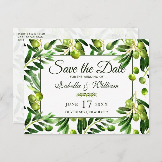 Elegant Olive Leaf Boho Garden Save the Date Aankondigingskaart (Voorkant / Achterkant)