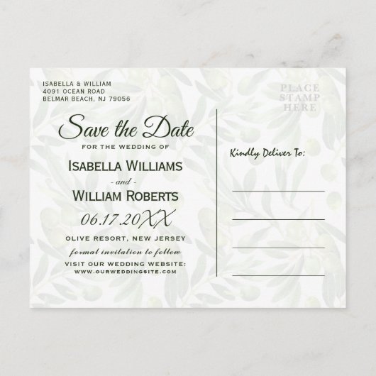 Elegant Olive Leaf Boho Garden Save the Date Aankondigingskaart (Achterkant)