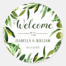 Elegant Olive Leaf Boho Tuin Bruiloft Welkom Ronde Sticker