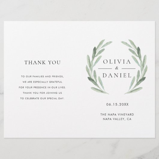 Elegant Olive Leaf Wreath Folded Wedding Program (Voorkant)