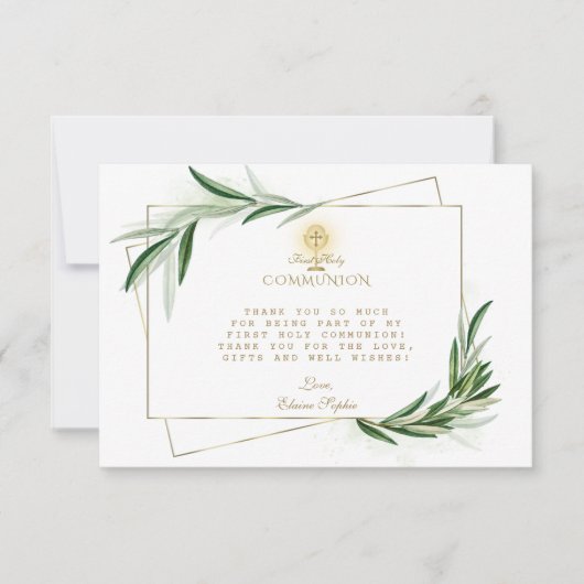 Elegant Olive Leaves Gold Boy First Heilige Commun Bedankkaart (Voorkant)