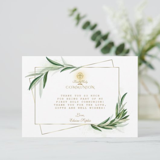 Elegant Olive Leaves Gold Boy First Heilige Commun Bedankkaart (Staand voorkant)