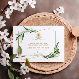 Elegant Olive Leaves Gold Boy First Heilige Commun Bedankkaart