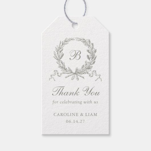 Elegant Olive Oak Kam Grijs Bruiloft Monogram Cadeaulabel (Voorkant)
