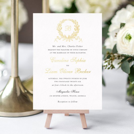 Elegant Olive Oak Wreath Monogram Bruiloft Folie Uitnodiging