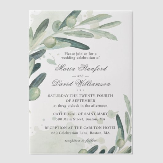 Elegant Olive Sprig Branch Greenery Wedding Vellum Uitnodigingen (Voorkant)