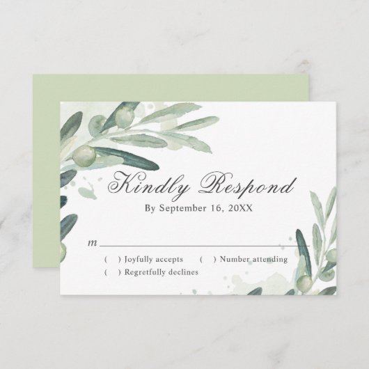 Elegant Olive Sprig Branch Wedding RSVP Kaartje (Voorkant / Achterkant)