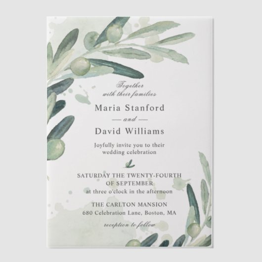 Elegant Olive Sprig Branch Wedding Vellum Uitnodigingen (Voorkant)