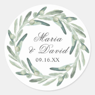 Elegant Olive Sprig Greenery Script Ronde Sticker