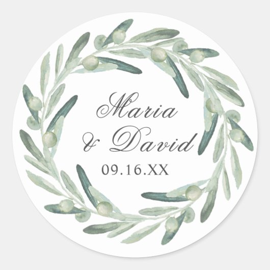 Elegant Olive Sprig Greenery Script Ronde Sticker (Voorkant)