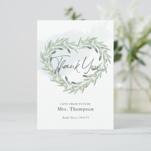 Elegant Olive Sprig Heart WreatVrijgezellenfeest Bedankkaart (Staand voorkant)