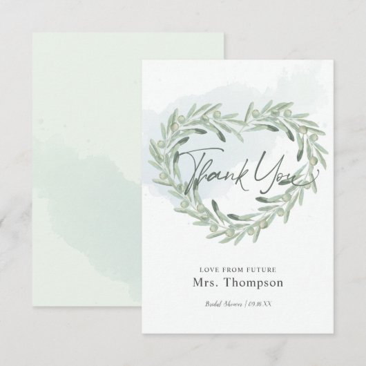 Elegant Olive Sprig Heart WreatVrijgezellenfeest Bedankkaart (Voorkant / Achterkant)