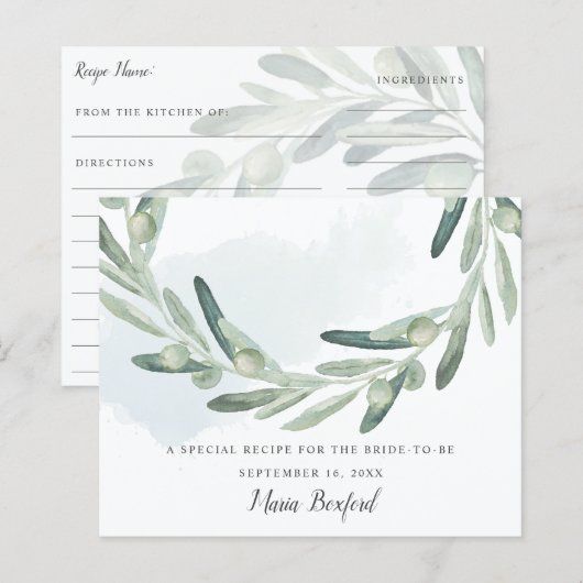 Elegant Olive Sprig Vrijgezellenfeest Recipe Kaart (Voorkant / Achterkant)