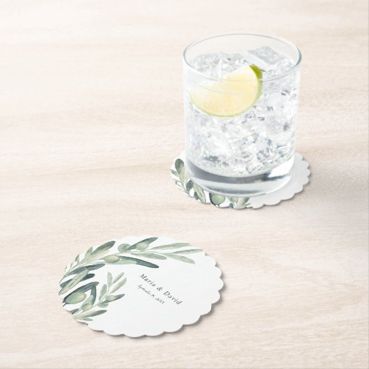 Elegant Olive Sprig Wreath Wedding Favor Kartonnen Onderzetters (Insitu)